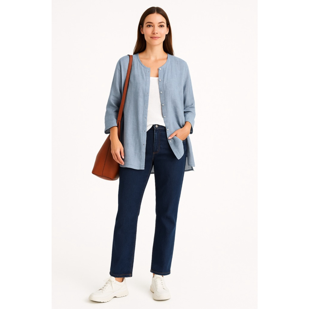 Eileen Fisher Italian Linen Tunic Shirt Jacket Blue Button Front Oversized M - Picture 3 of 14